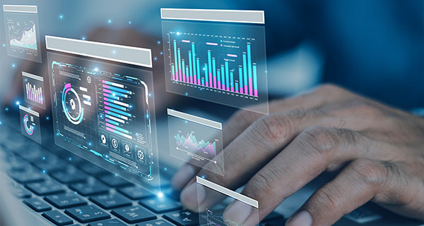 hands typing on keyboard with digital interface displaying various data visualizations and analytics showing trends in technology data analysis 7 insights in focus