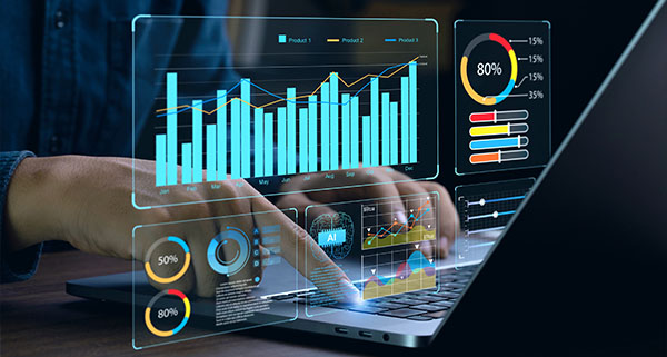 hands typing on laptop with data visualization charts and graphs showcasing performance metrics and analysis for four products