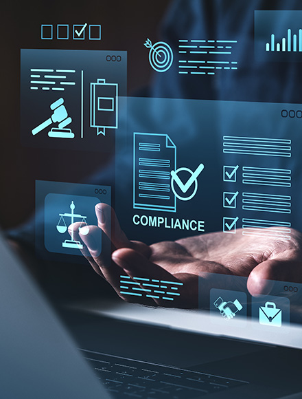 hands gesturing towards floating digital compliance icons including a gavel checklist and scales illustrating the concept of digital compliance management and legal technology 3 steps to efficient compliance